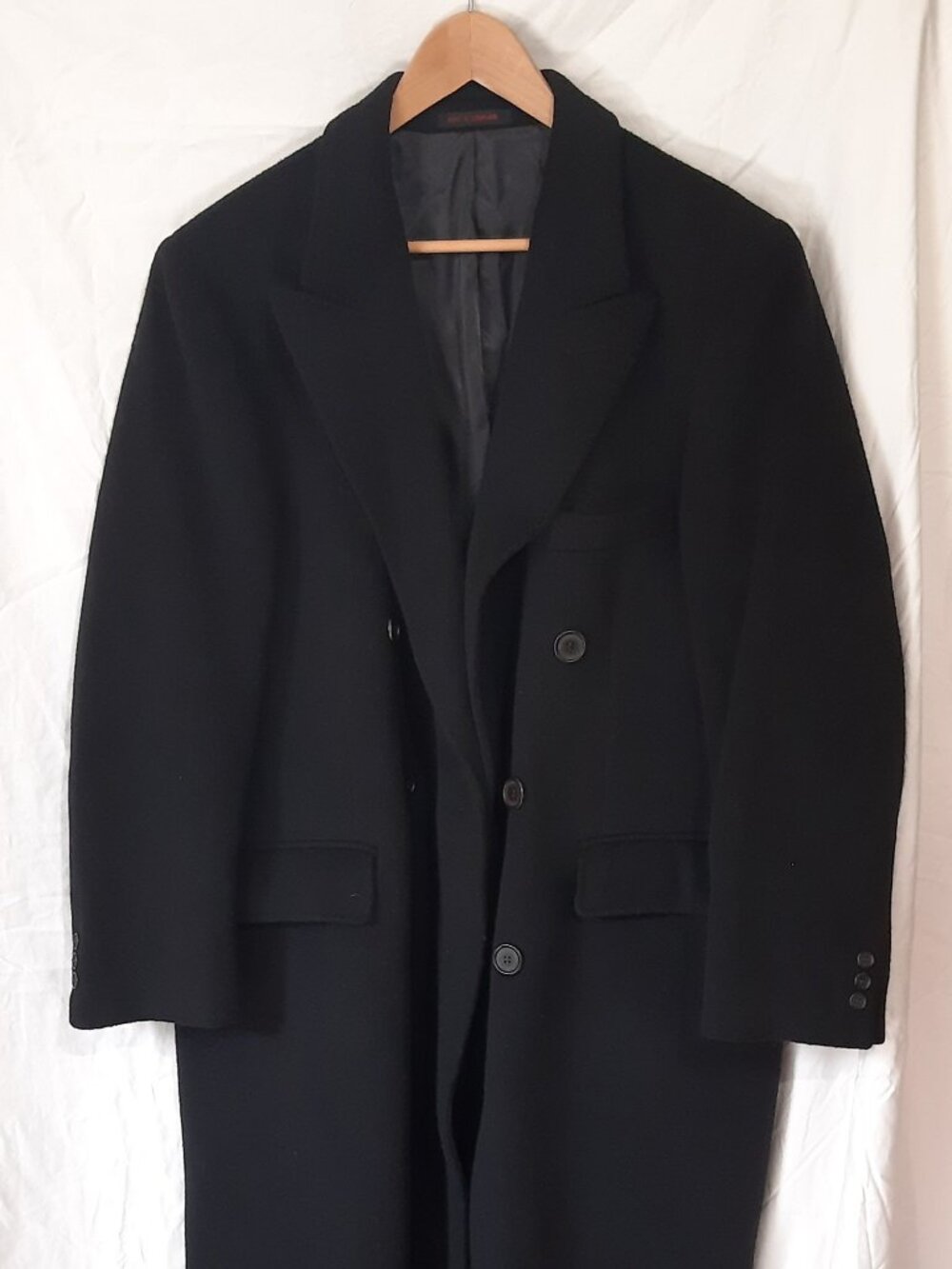 Men's Charing Cross Black Woolen Double-Breasted Overcoat, 44R